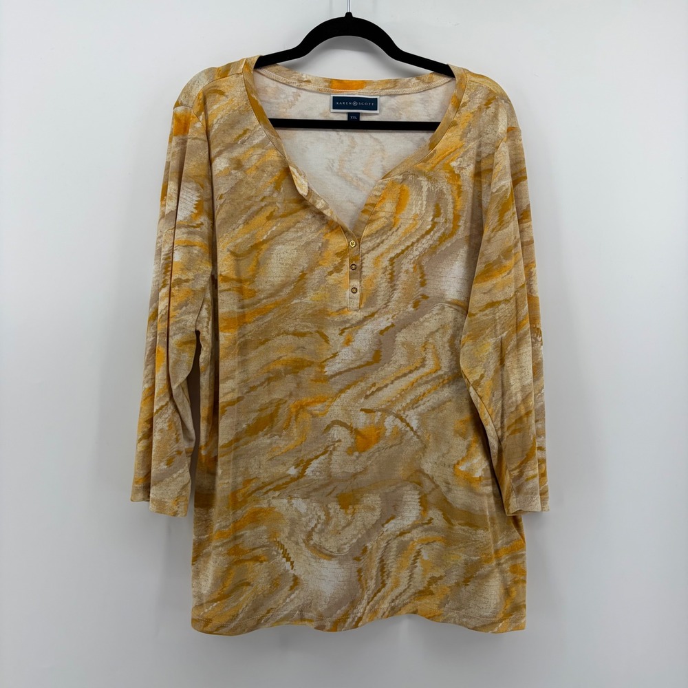 Karen Scott Women's XXL Yellow Gold Marble Print 3/4‎ Sleeve Henley Top Casual